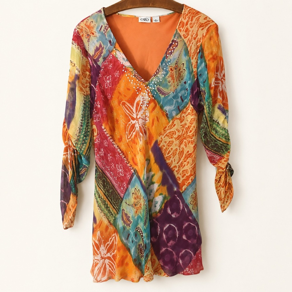 Cato Blouse Size XL Silk Multicolor Patchwork Sequins Boho Fairy Festival